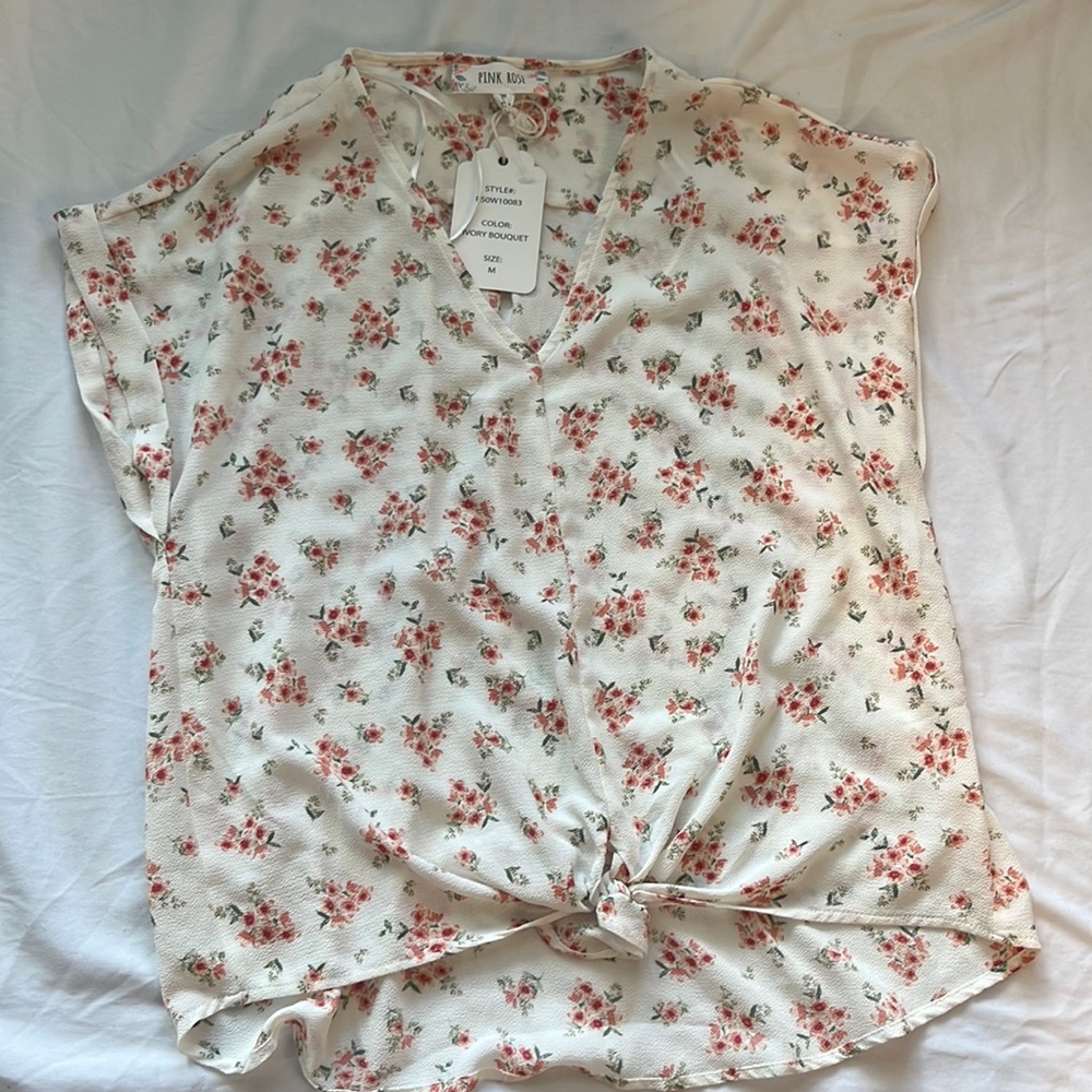 NWT Pink rose floral blouse with front tie